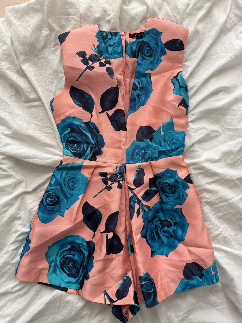 Women’s Coral Romper with Blue Rose Print